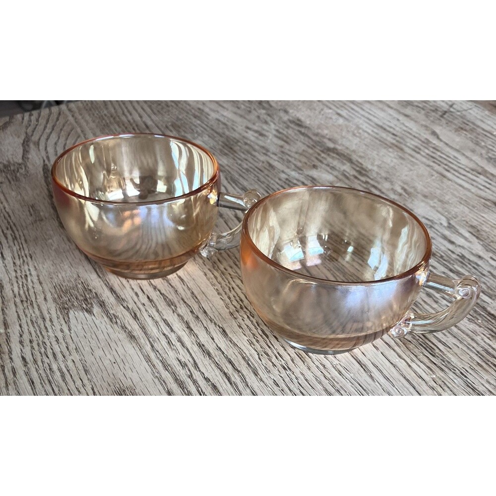Set of 2 Unmarked Vintage Marigold Carnival Glass Iridescent Coffee Cups